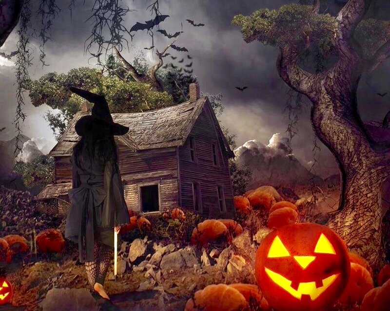 Witch in Front of Haunted House