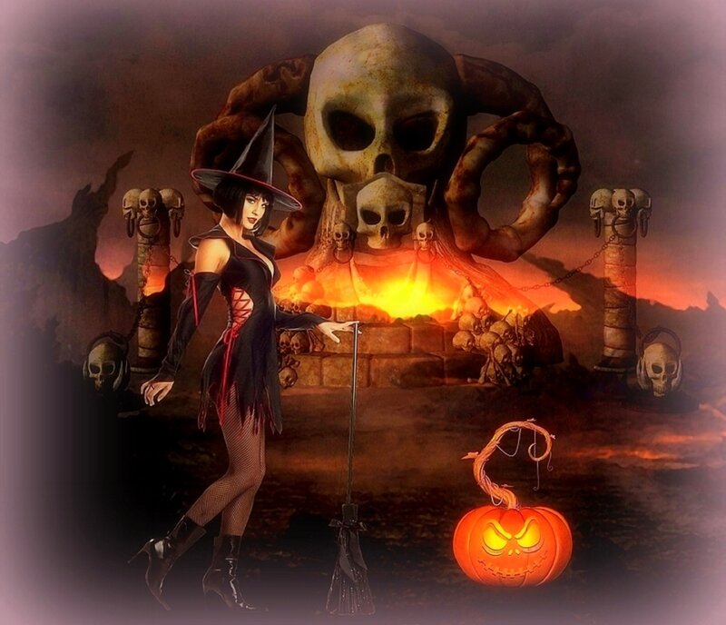 Witch in Halloween Scene