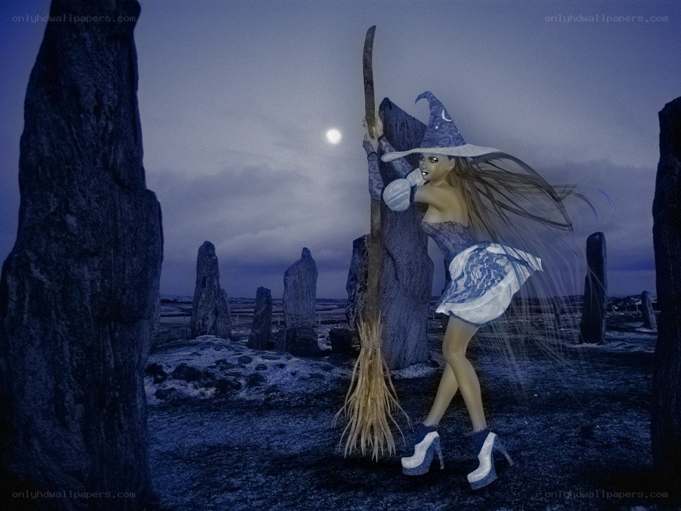 witch on a broom at night