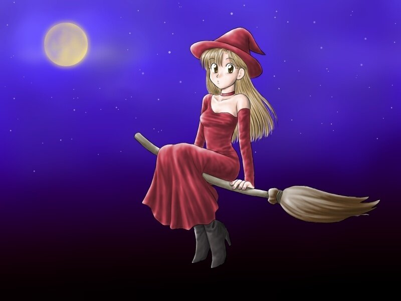 witch on a broom at night