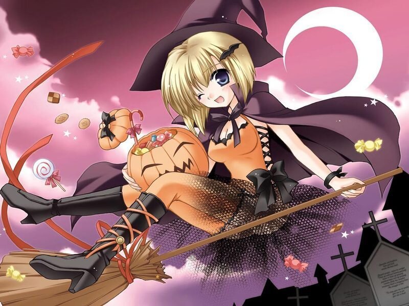 witch on a broom with candy
