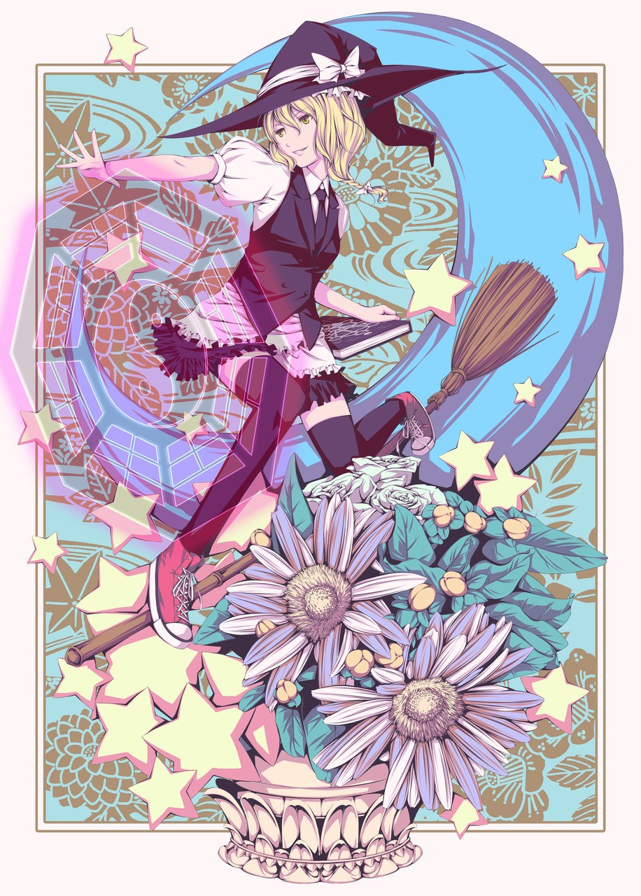 witch on a broom with flowers