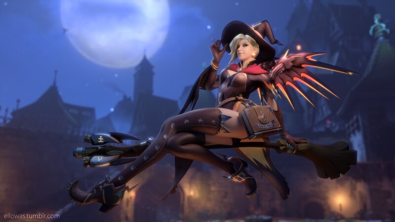 Witch on a Broomstick — Blue, Dramatic, Night, Digital Art