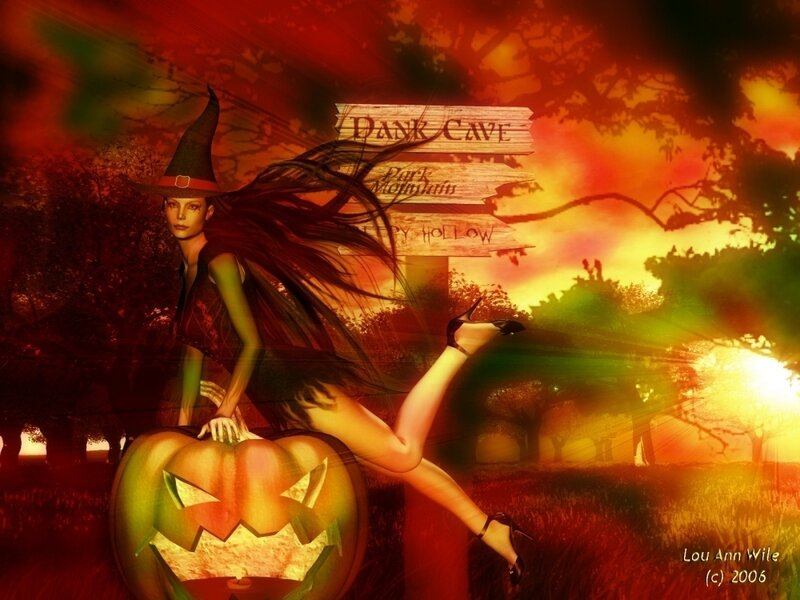 witch on a pumpkin at dusk