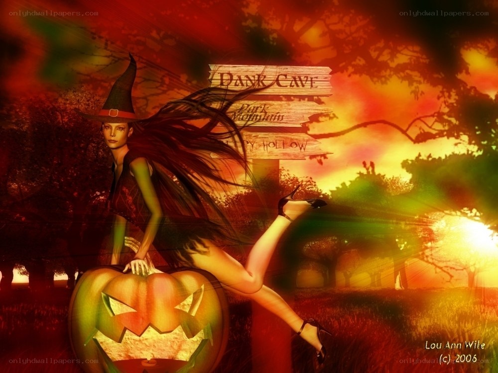 witch on a pumpkin at dusk