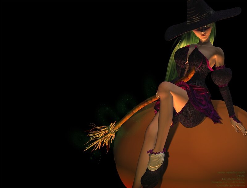 Witch on Broomstick — Black, Dramatic, Night, 3d Render