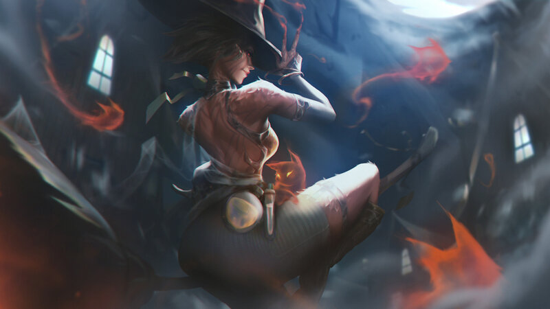 Witch on Broomstick — Black, Dramatic, Night, Digital Art, Cat, Flames