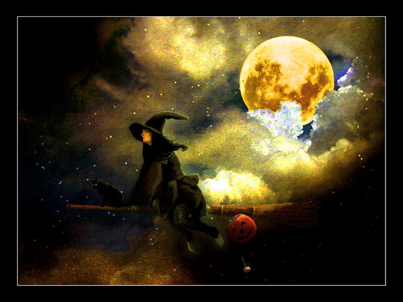 Witch on Broomstick — Black, Dramatic, Night, Digital Art, Cat