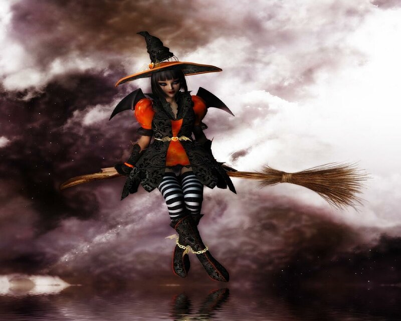 Witch on Broomstick — Black, Dramatic, Night, Digital Art, Clouds