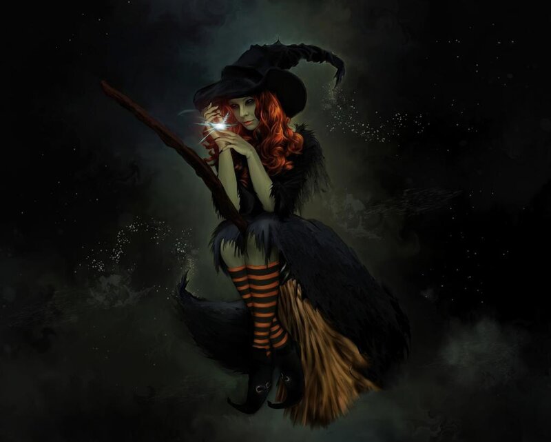 Witch on Broomstick — Black, Dramatic, Night, Digital Art, Hat