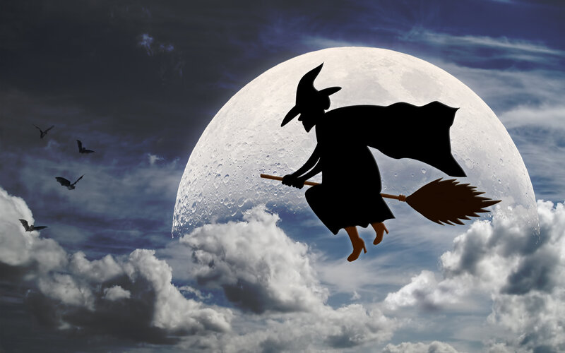 Witch on Broomstick — Black, Dramatic, Night, Digital Art, Moon, Clouds, Bats
