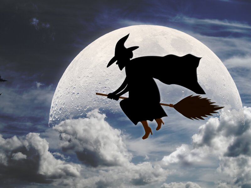 Witch on Broomstick — Black, Dramatic, Night, Digital Art, Moon, Clouds