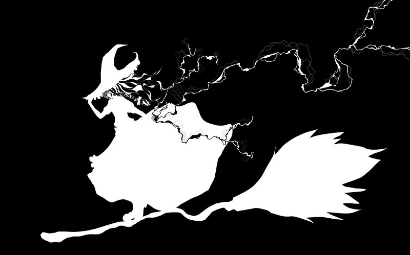 Witch on Broomstick — Black, Dramatic, Night, Minimalist