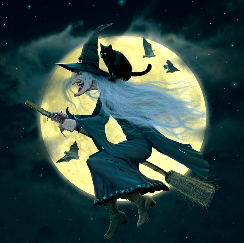 Witch on Broomstick — Black, Dramatic
