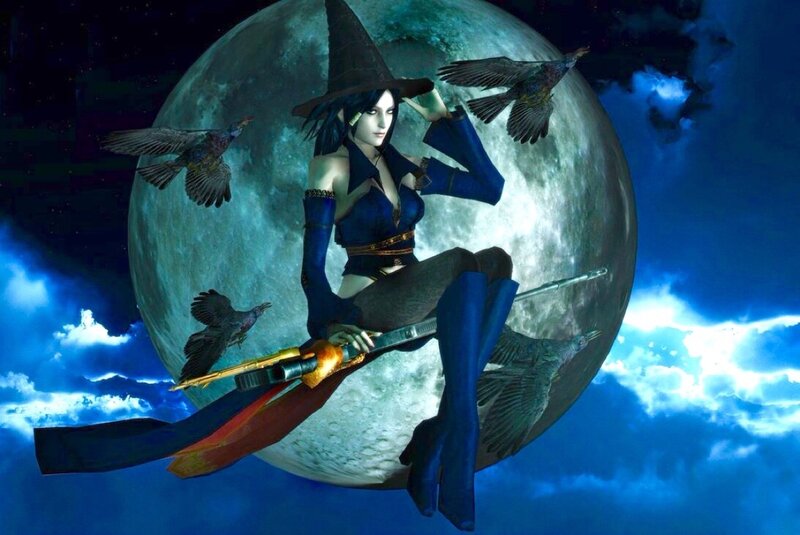 Witch on Broomstick — Blue, Dramatic, Night, 3d Render