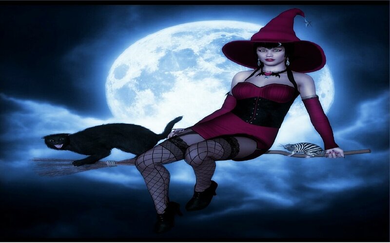Witch on Broomstick — Blue, Dramatic, Night, Digital Art, Black Cat