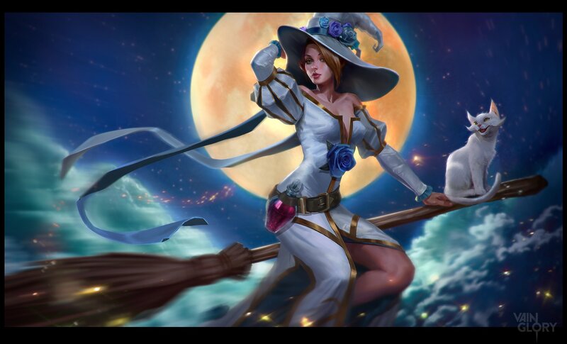 Witch on Broomstick — Blue, Dramatic, Night, Digital Art, Cat, Moon