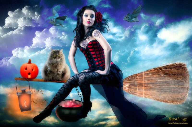 Witch on Broomstick — Blue, Dramatic, Night, Digital Art, Cat