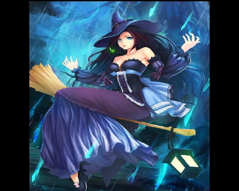 Witch on Broomstick — Blue, Dramatic, Night, Digital Art, Lantern