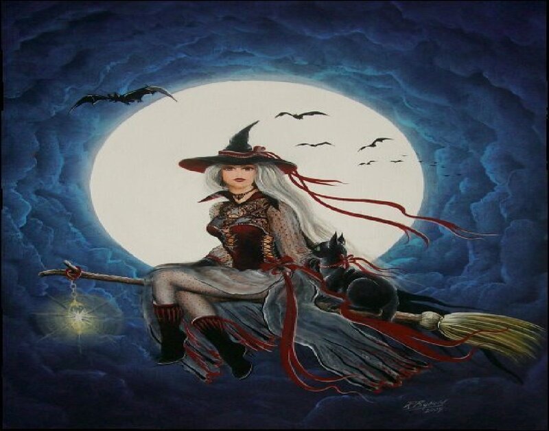 Witch on Broomstick — Blue, Dramatic, Night, Painting