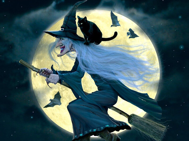 Witch on Broomstick — Blue, Dramatic, Night
