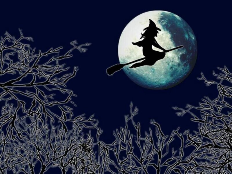 Witch on Broomstick — Blue, Mysterious, Night