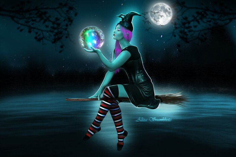 Witch on Broomstick — Blue, Mystical, Night, Digital Art