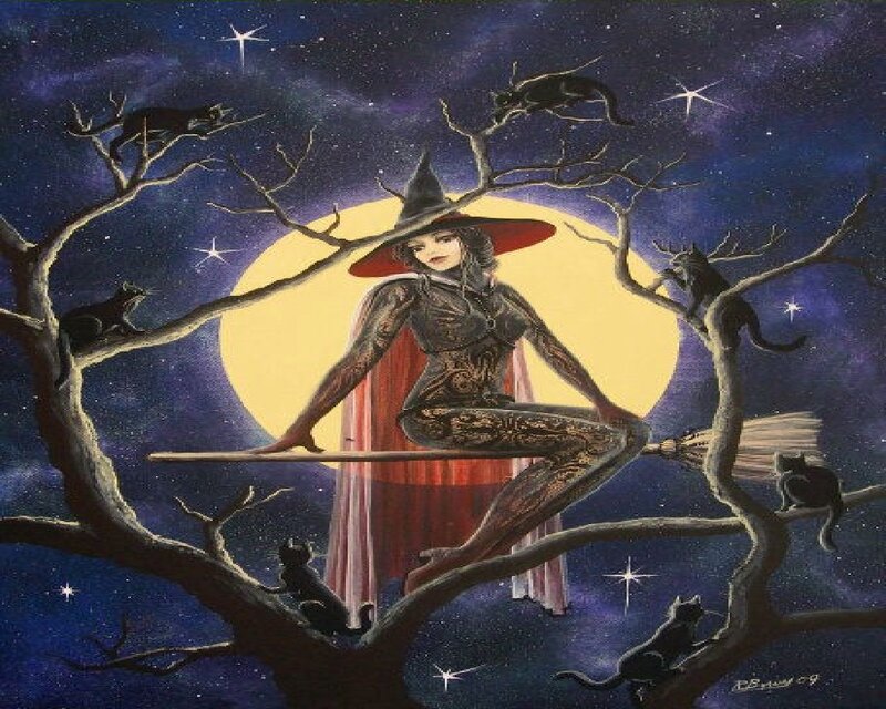 Witch on Broomstick — Blue, Mystical, Night