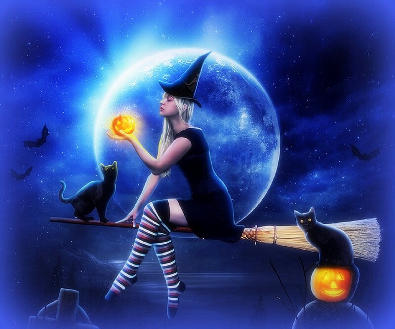 Witch on Broomstick — Blue, Mystical