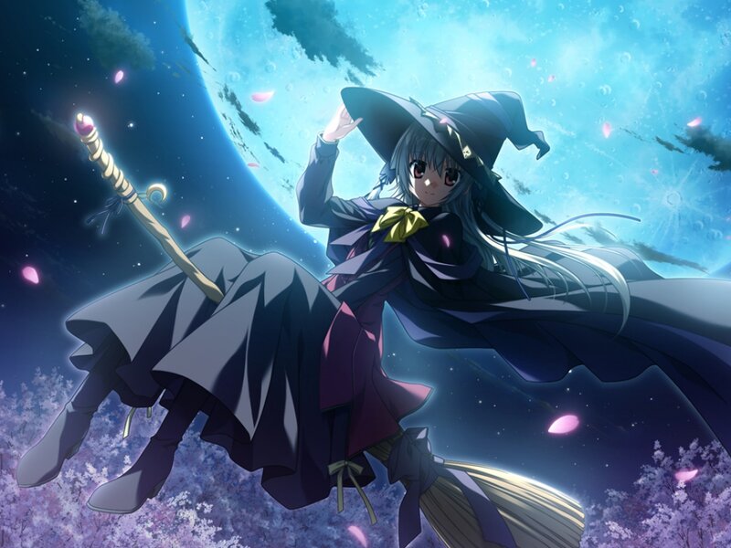 Witch on Broomstick — Blue, Serene, Night, Anime