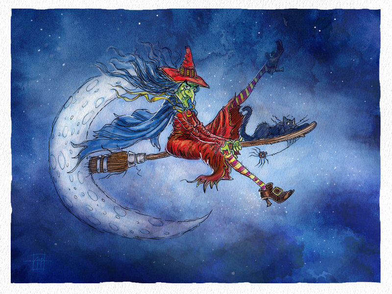 Witch on Broomstick — Blue, Whimsical