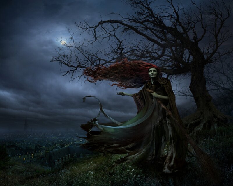 Witch on Broomstick — Dark Blue, Dramatic, Night