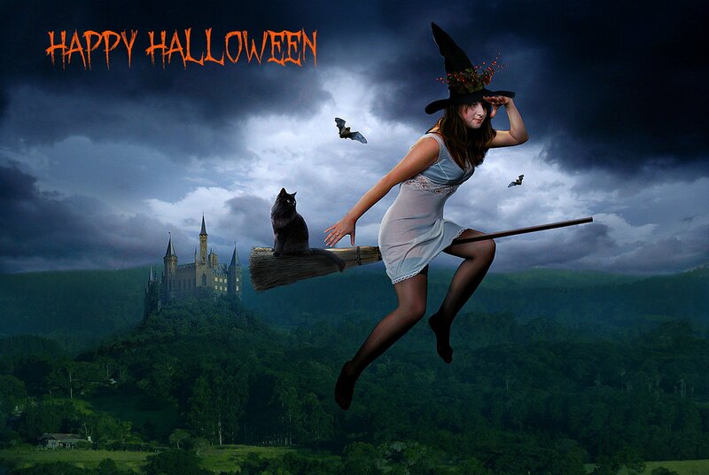 Witch on Broomstick — Dark Blue, Dramatic