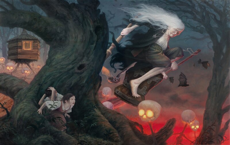 Witch on Broomstick — Dark Green, Dramatic