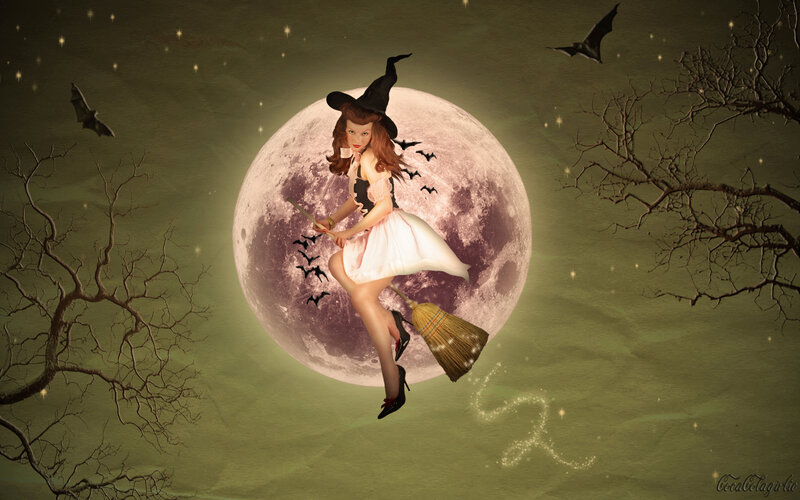 Witch on Broomstick — Green, Mysterious