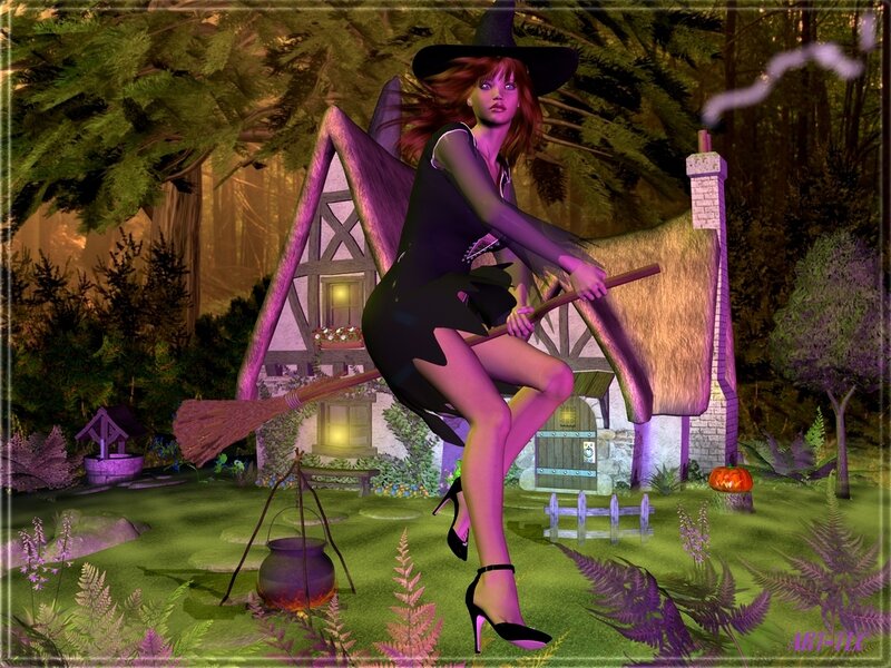 witch on broomstick in forest