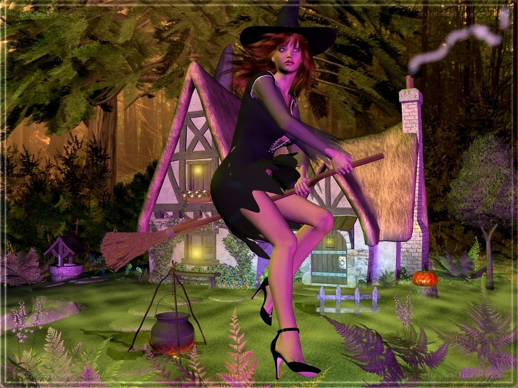 witch on broomstick in forest