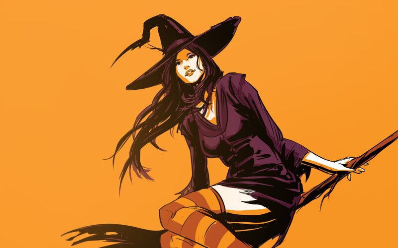 Witch on Broomstick — Orange, Dramatic
