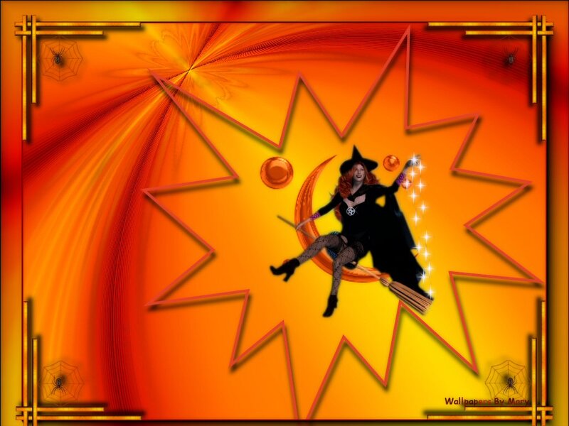 Witch on Broomstick — Orange, Festive, Night