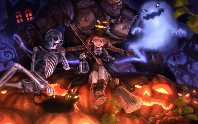 Witch on Broomstick — Orange, Spooky, Night, Digital Art, Skeleton