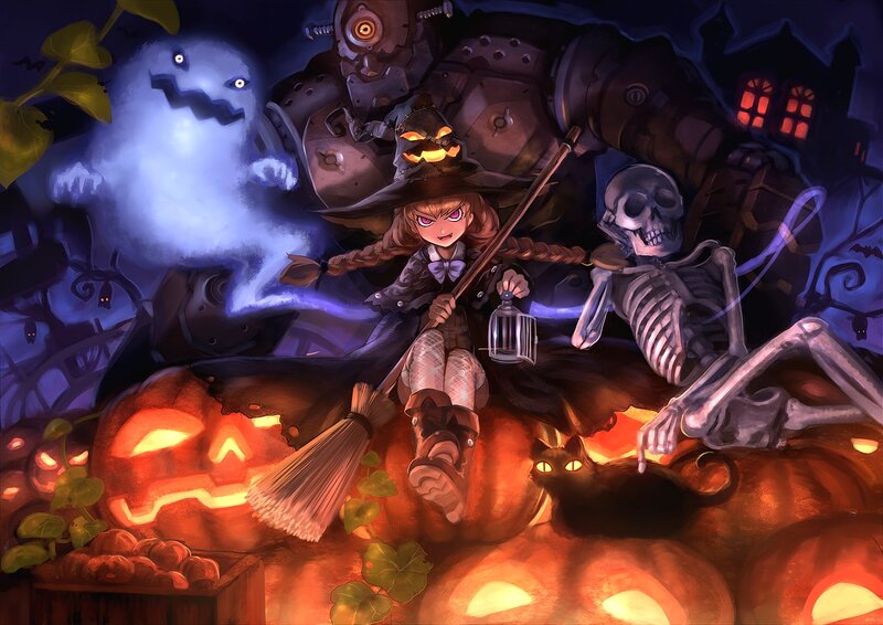Witch on Broomstick — Orange, Spooky, Night, Digital Art