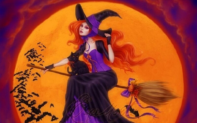 Witch on Broomstick — Purple, Dramatic, Night, Digital Art, Cat, Bats, Moon