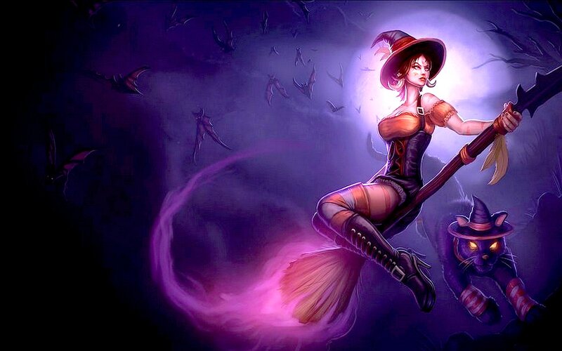 Witch on Broomstick — Purple, Dramatic, Night, Digital Art, Cat, Moon