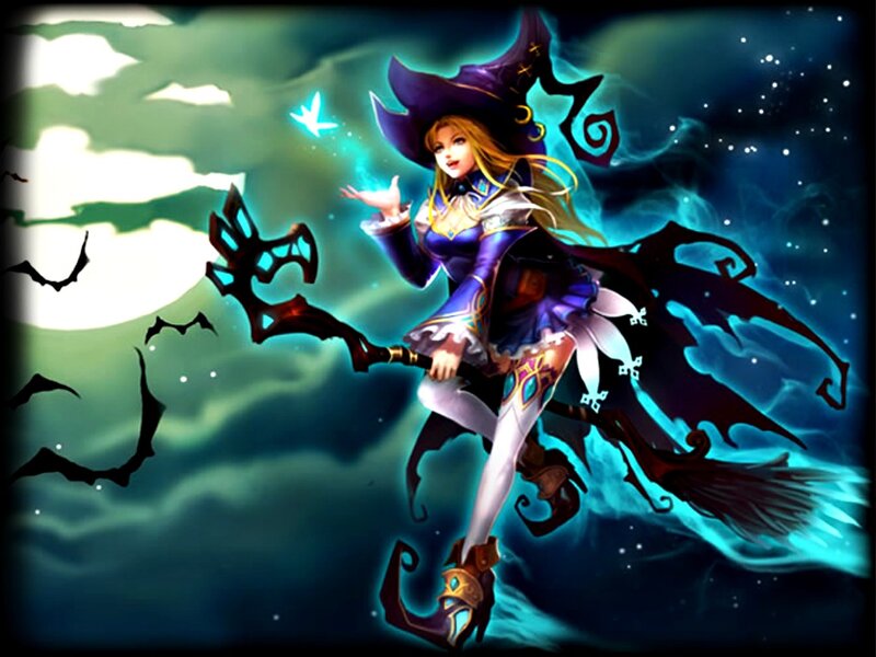 Witch on Broomstick — Purple, Dramatic, Night, Digital Art, Moon, Bats