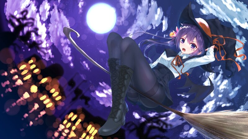 Witch on Broomstick — Purple, Dramatic, Night, Digital Art, Moon, City Lights