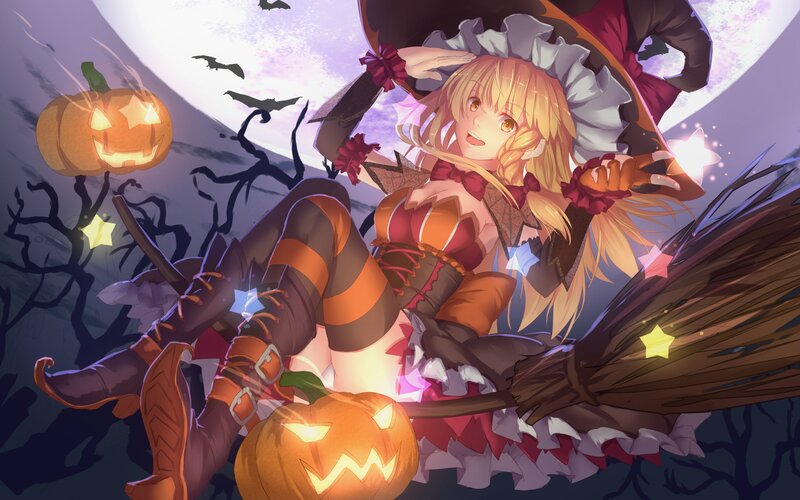 Witch on Broomstick — Purple, Festive, Night, Anime, Pumpkin