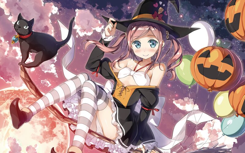 Witch on Broomstick — Purple, Festive, Night, Anime