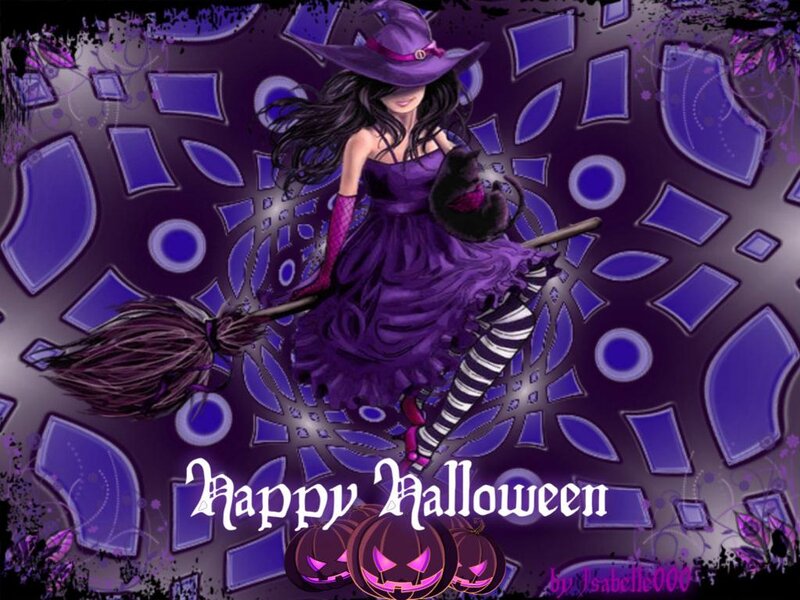 Witch on Broomstick — Purple, Festive, Night, Digital Art