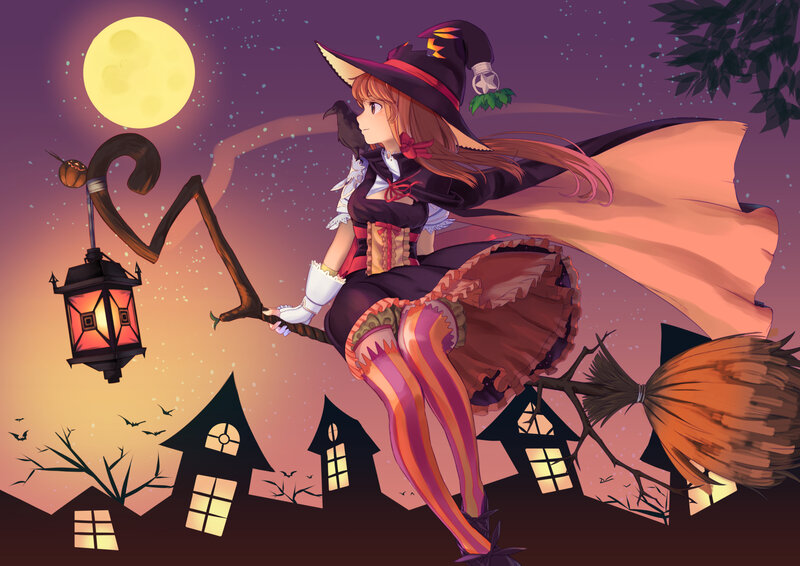 Witch on Broomstick — Purple, Mysterious, Night, Digital Art