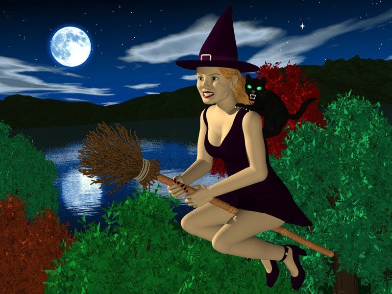 Witch on Broomstick — Purple, Mysterious, Night